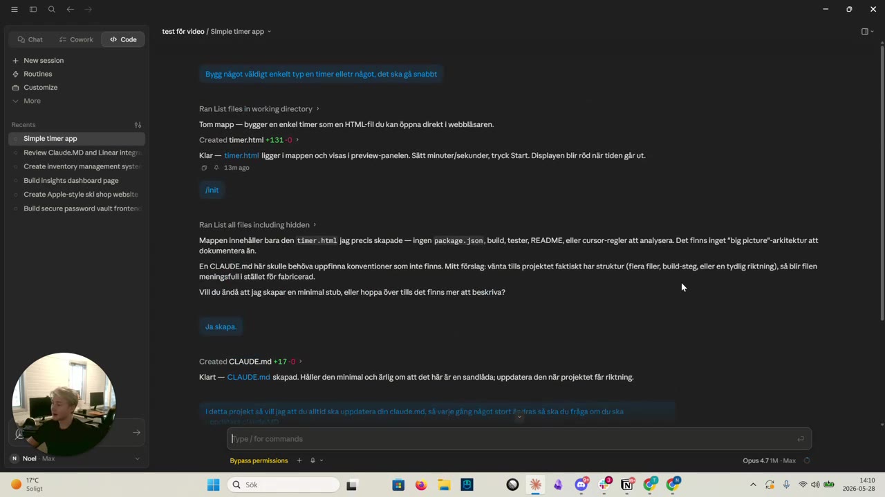 Projektspecifik CLAUDE.md med 'always respond in English' och projektregler